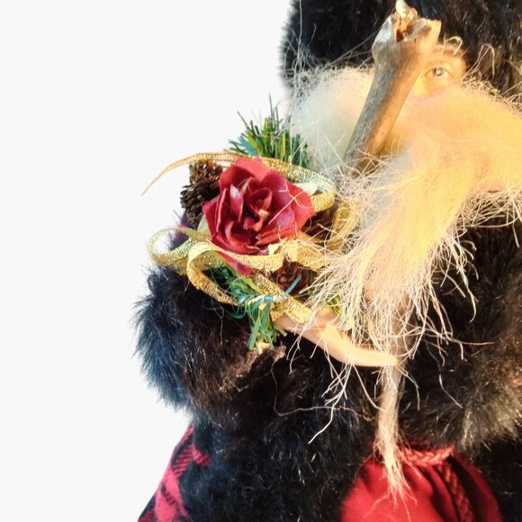 Santa Claus Figure Tree Topper Red Plaid Coat Faux Fur Brocade Trim Wood Scepter - Picture 4 of 9